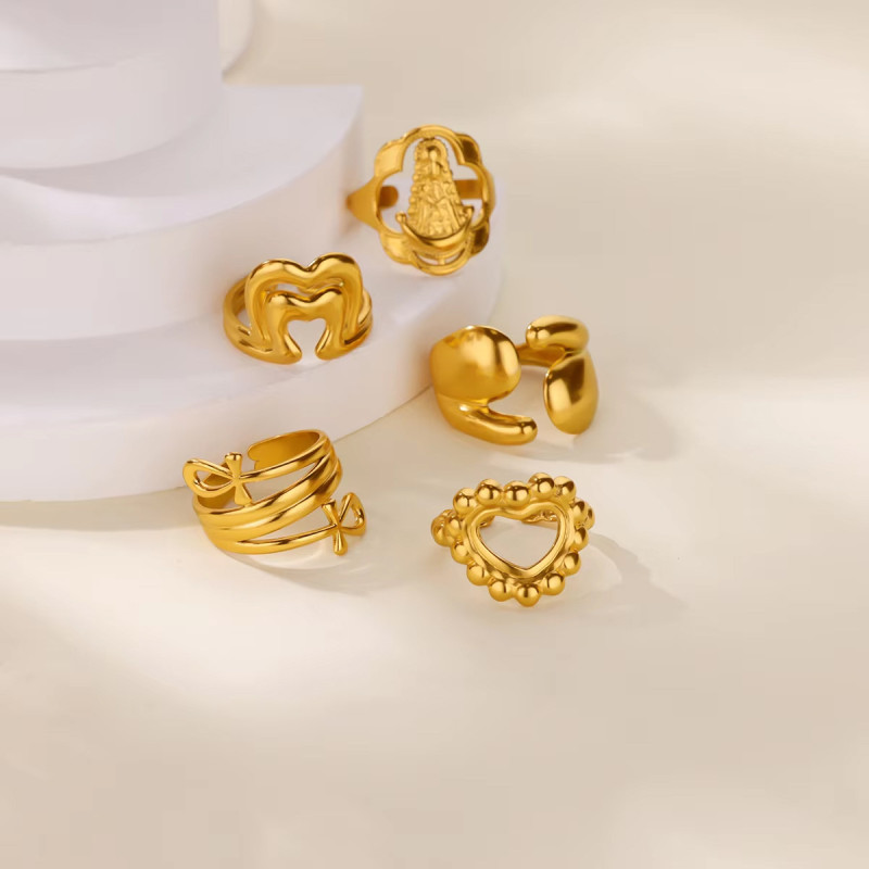 European and American New Style Personality Heart-shaped Open Buckle Ring for Women Fashion Simple 18k Plated Stainless Steel Cross Ring Jewelry
