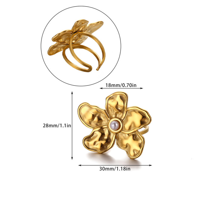 New Stainless Imitation Pearl Multi-Layer Zircon Ring 18K Gold Plated Flower Open Ring One Piece Dropshipping