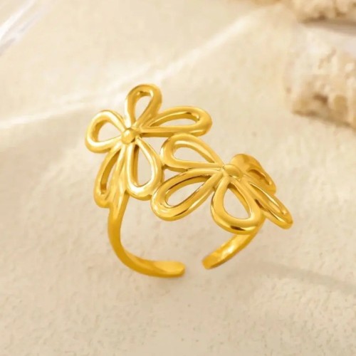Cross-Border Simple New Style Stainless Steel Gold-Plated Flower Hollow Ring for Women Petal Ring Multi-Layer Titanium Steel Ring for Women