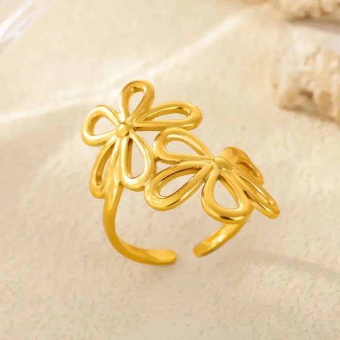 Simple New Style Stainless Steel Gold Plated Flower Hollow Ring for Women Petal Ring Multi-Layer Titanium Steel Ring...