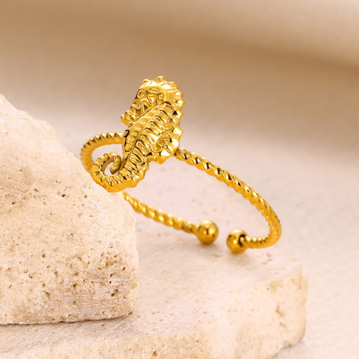 Fashion Cute Seahorse Ring for Women Stainless Steel Gold Adjustable Open Ring Seahorse Animal Jewelry