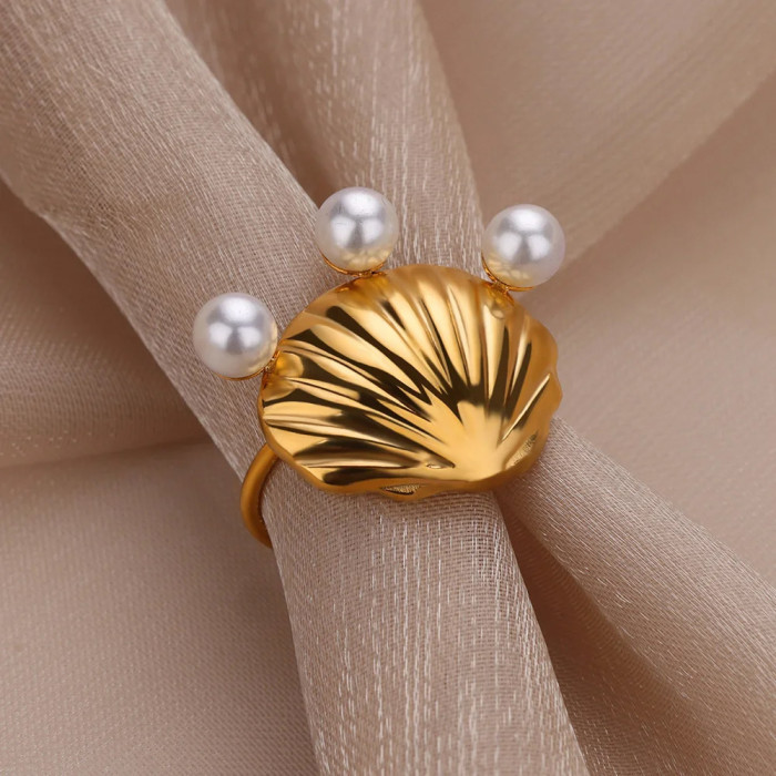 2024 Summer New Ocean Series Stainless Steel Ring Beach Style Shell Imitation Pearl Ring