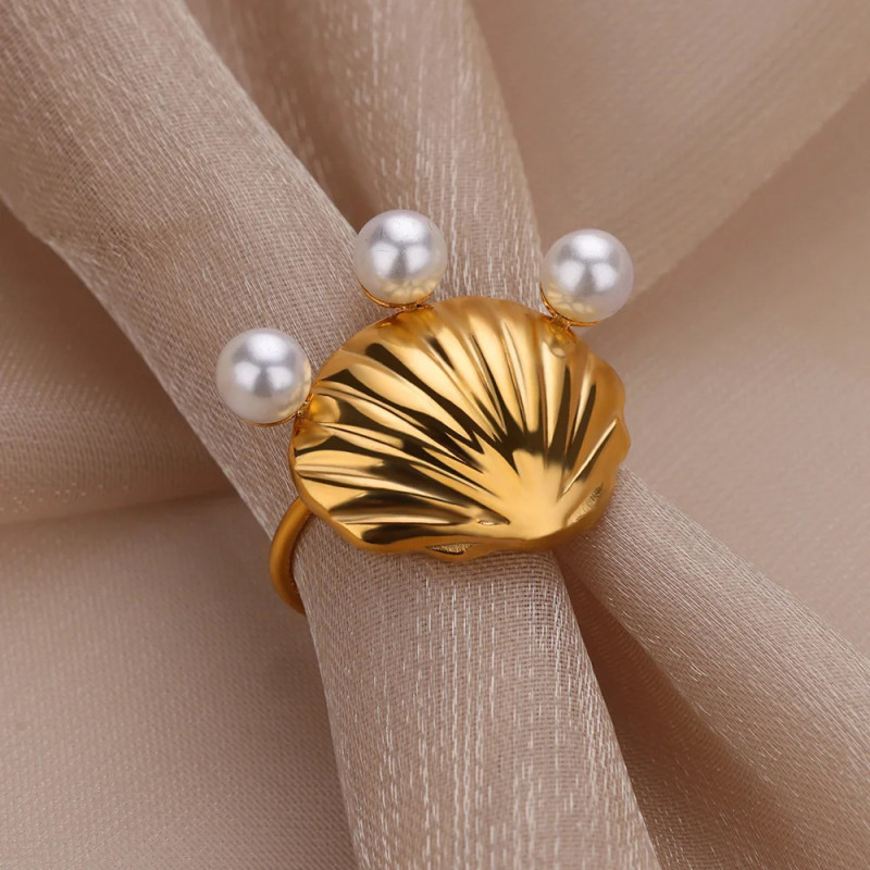 2024 Summer New Ocean Series Stainless Steel Ring Beach Style Shell Imitation Pearl Ring