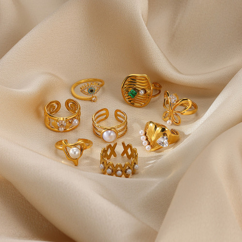 Cross-Border Stainless Steel Imitation Pearl Ring INS Style Retro Exaggerated Geometric Heart-Shaped Ring Titanium Steel Butterfly Ring