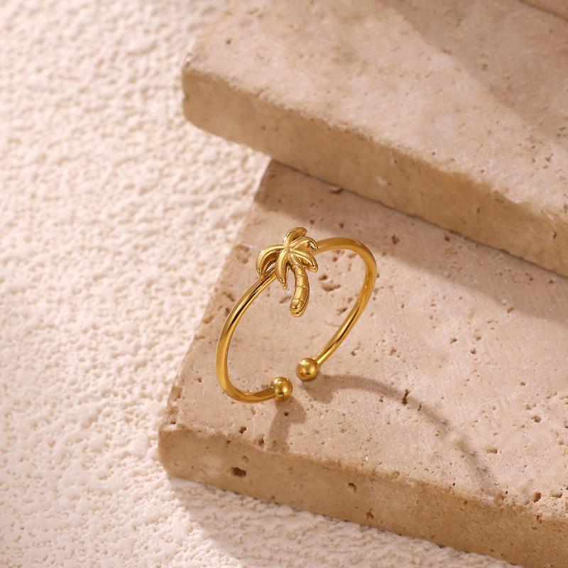 European and American Open Ring Stainless Steel Non-Fading Ring for Women Niche Design Coconut Tree 18K Gold Jewelry Wholesale