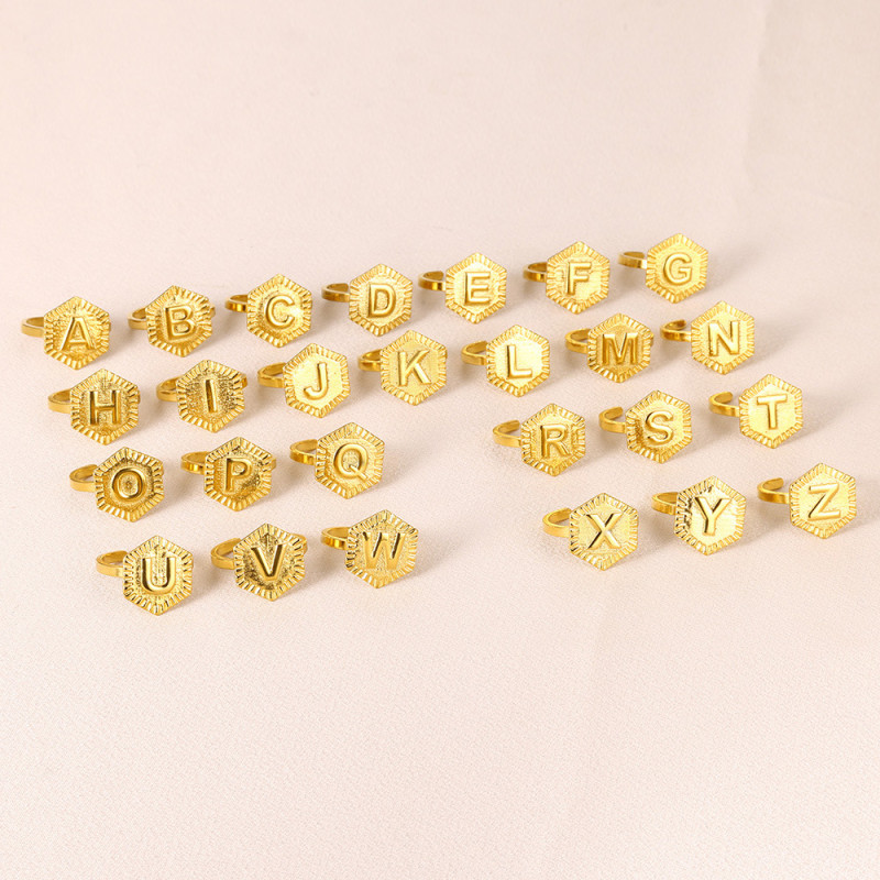 Cross-Border Hot Sale Hexagonal Stainless Steel 18K Gold Plated 26 English Letter Adjustable Open Ring