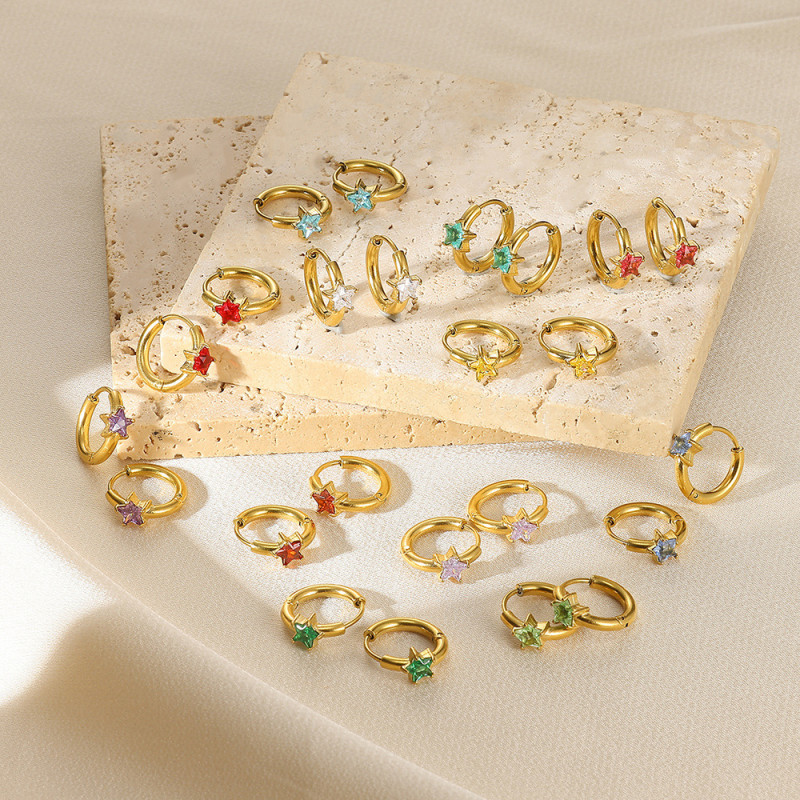 Cross-Border Stainless Steel Zircon Birthday Stone Star Earrings for Women Small Zodiac Birthstone Hoop Earrings Ear Jewelry Ear Clips Wholesale