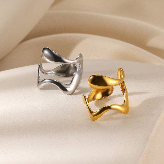 Simple Fashion Personality Geometric Ring for Women Double Layer 18K Gold Plated Stainless Steel Ring Bowknot Petal W...