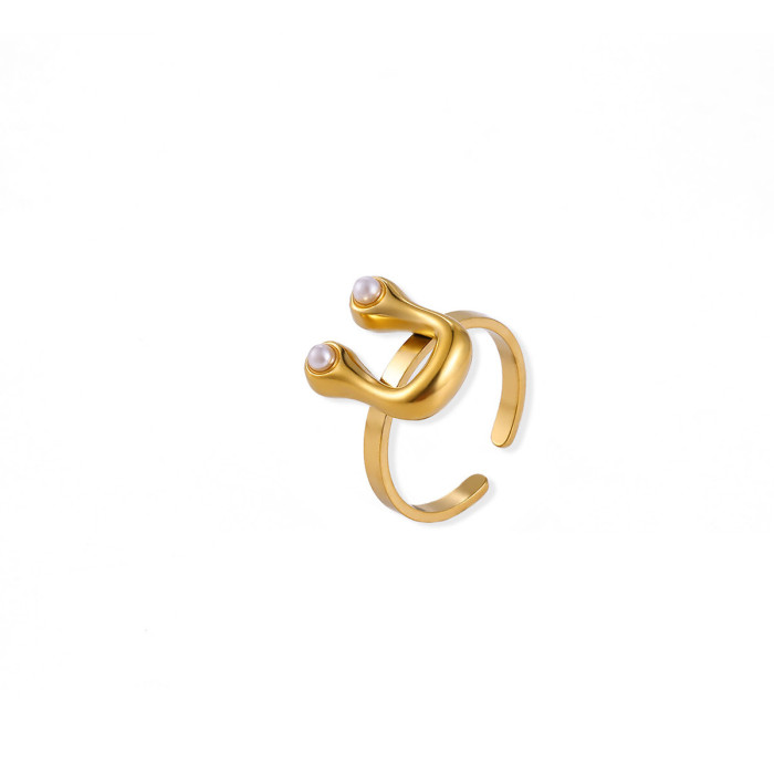 Amazon New Stainless Steel Gold Plated Imitation Pearl 26 English Letter Adjustable Open Ring
