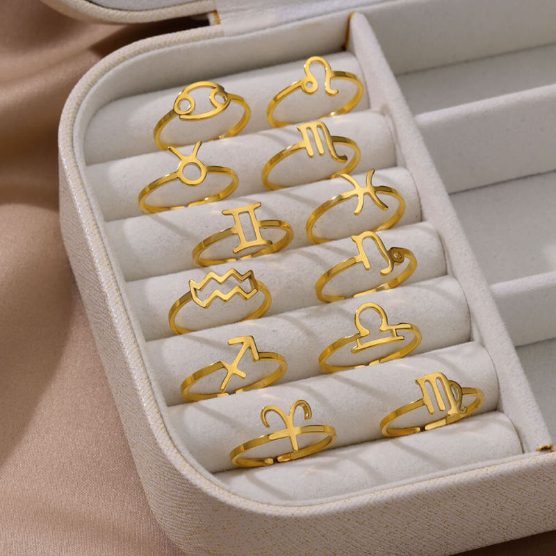 Minimalist New Stainless Steel 12 Zodiac Signs Rings Birthstone Rings Adjustable Rings Set