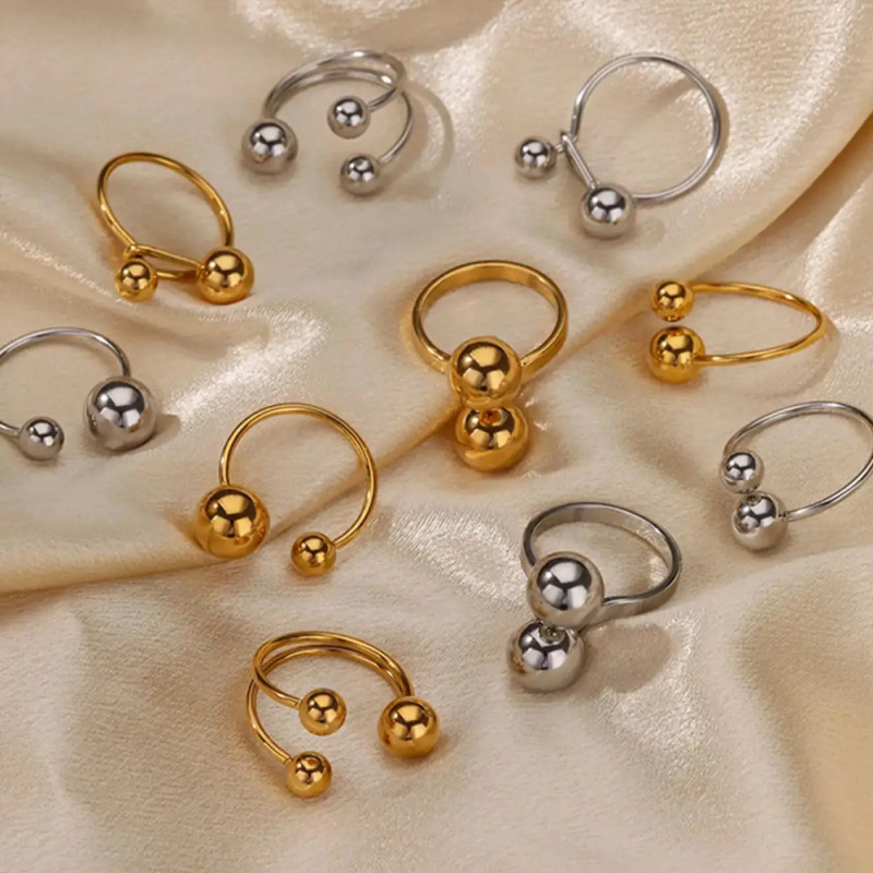 European and American Style Spherical Stainless Steel Ring for Women, Gold and Steel Color, Large and Small Ball Rings, High-end Niche Export Accessories Wholesale