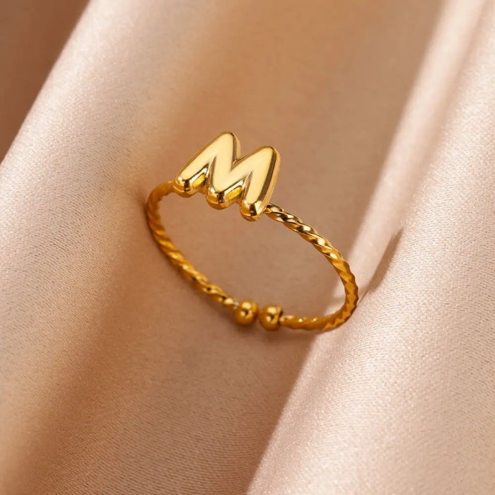 Amazon Hot Sale Stainless Steel 18K Gold Plated 26 English Letter Adjustable Open Rings