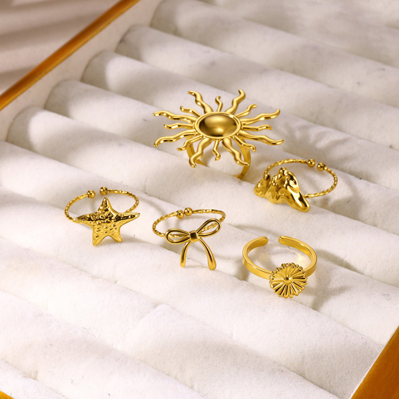 Cross-Border European and American INS Style Niche Sunflower Open Design Ring Stainless Steel Bowknot Star Ring Wholesale