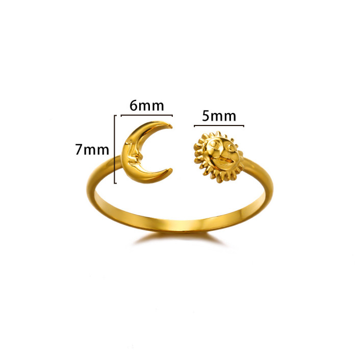 European and American New Simple Geometric Ring Chain Ring Stainless Steel Hydraulic Women's Sun Moon Leaf Ring