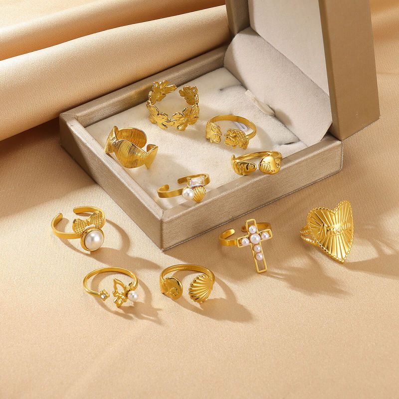 European and American New Style Stainless Steel Imitation Pearl Series Rings for Women, Niche Cross Rings, Titanium Steel Light Luxury Hand Jewelry Wholesale