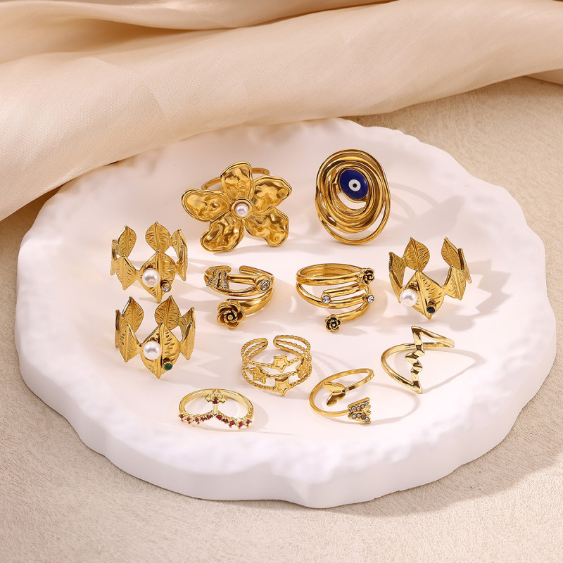 Cross-Border New Stainless Imitation Pearl Multi-Layer Zircon Ring 18K Gold Plated Flower Open Ring One Piece Dropshipping