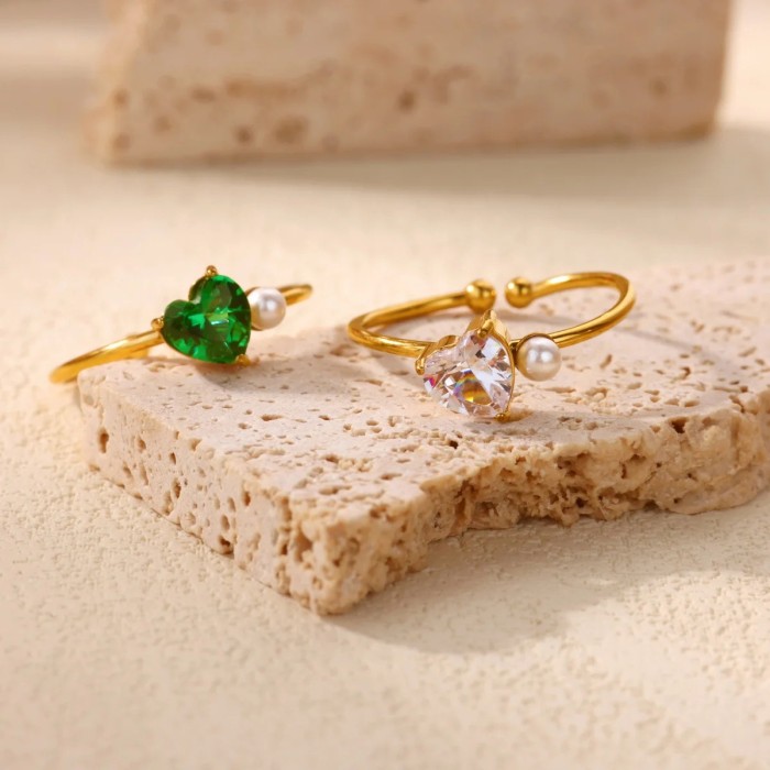 Simple Heart-Shaped Water Drop Zircon Stainless Steel Ring 18K Gold Plated Open Luxury High-End Feel Jewelry Rings