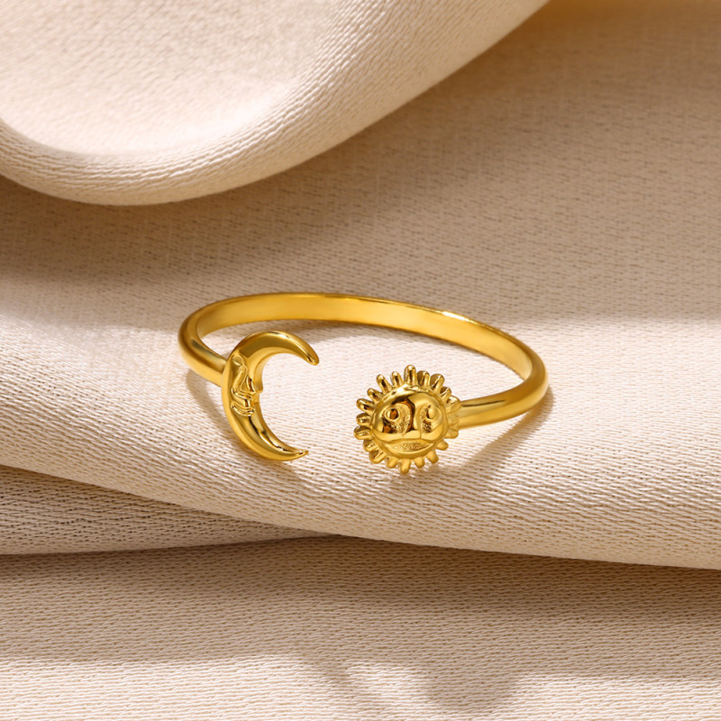 European and American New Simple Geometric Ring Chain Ring Stainless Steel Hydraulic Women's Sun Moon Leaf Ring