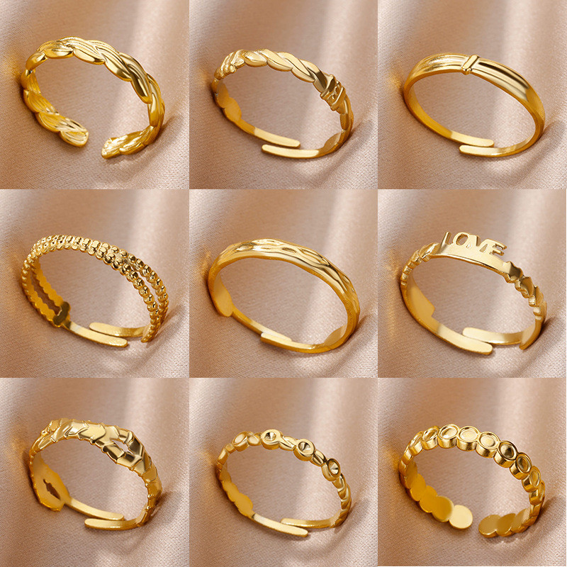 Cross-Border Minimalist Ring 18K Gold Plated Stainless Steel Hydraulic Letter Ring Unisex Niche Jewelry Plain Band Ring