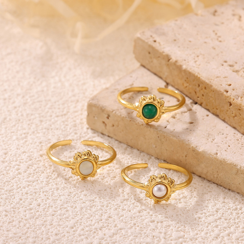 Vintage New Flower Sun Pearl Ring Geometric Elegant High-end Open Titanium Steel Ring Manufacturer Wholesale