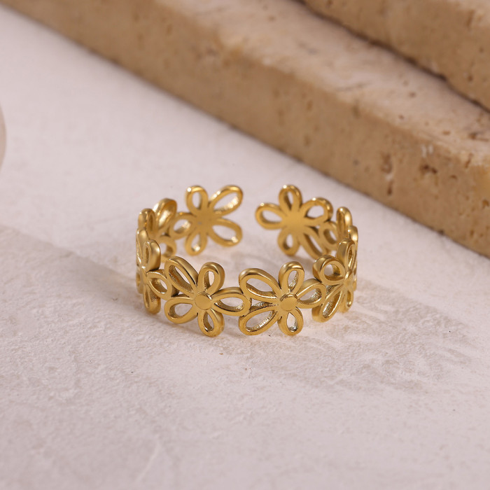 Minimalist New Stainless Steel Gold Hollow Flower Frame Ring for Women, Petal Geometric Open Ring, Jewelry