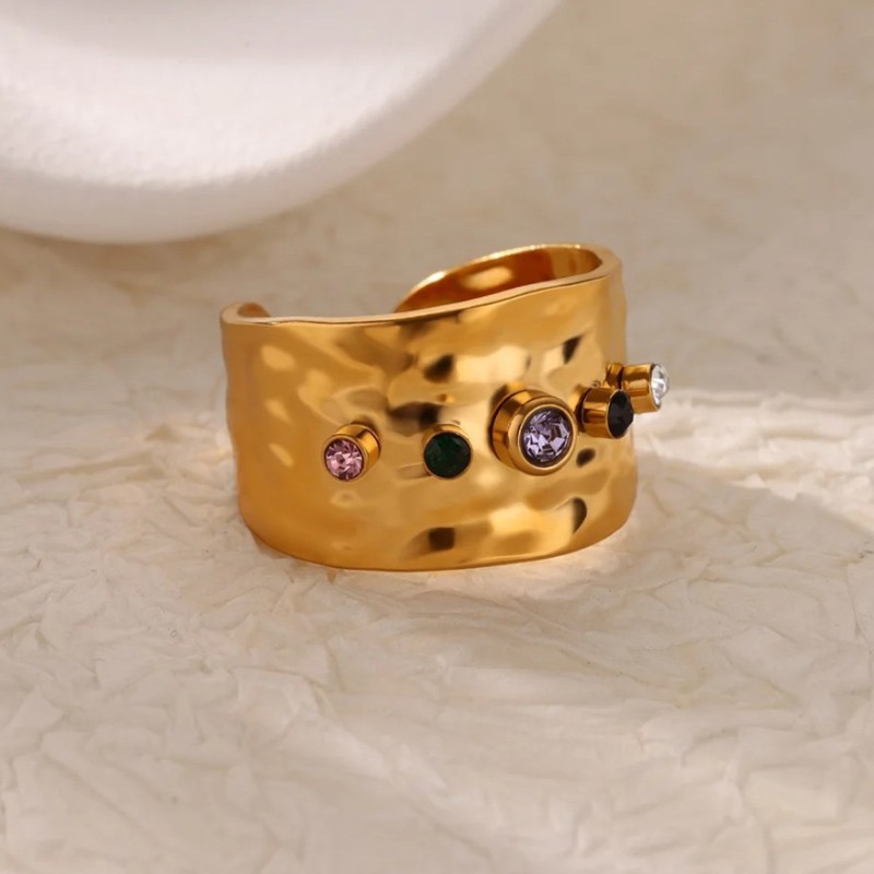 European and American INS Cross Colorful Zircon Open Jewelry Women's Stainless Steel 18K Gold Plated Personality Wide Version Ring