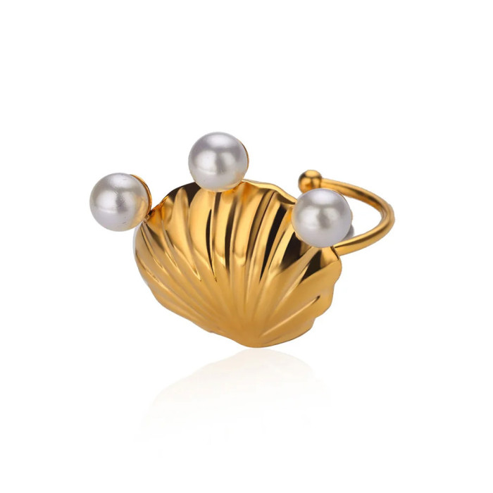 2024 Summer New Ocean Series Stainless Steel Ring Beach Style Shell Imitation Pearl Ring