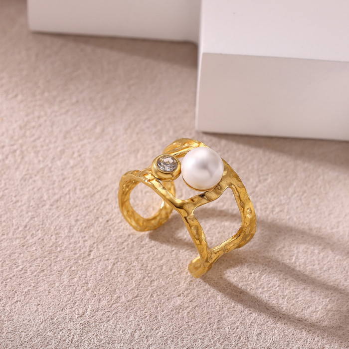 Korean Style Simple Stainless Steel Heart-Shaped Imitation Pearl Ring 18K Gold Plated Heart Women's Ring Manufacturer...