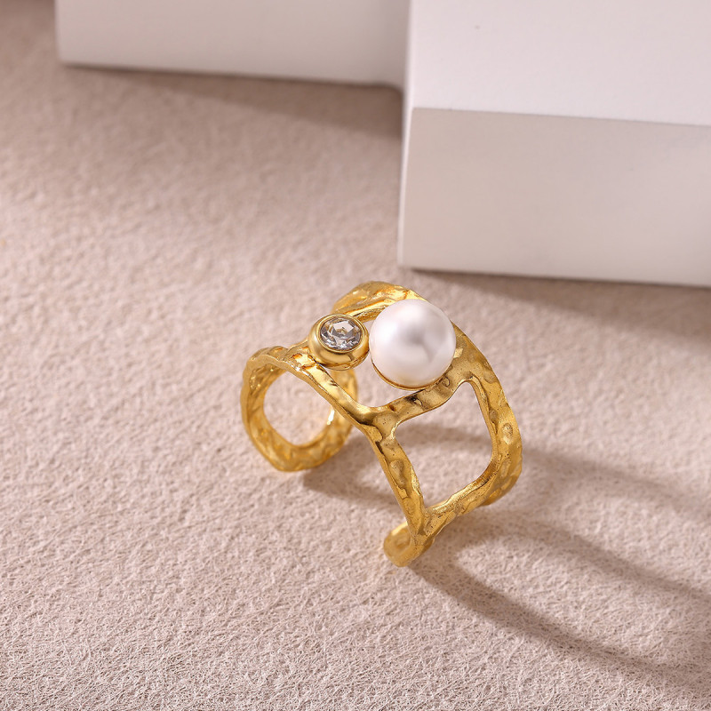 Korean Style Simple Stainless Steel Heart-Shaped Imitation Pearl Ring 18K Gold Plated Heart Women's Ring Manufacturer Wholesale