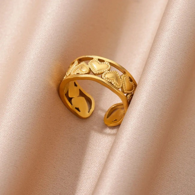 New Simple Heart-Shaped Stainless Steel Ring for Women, Heart Open Ring, 18K Gold Plated Ring