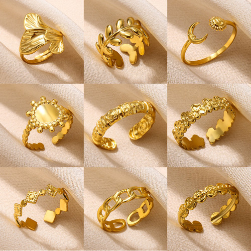 European and American New Simple Geometric Ring Chain Ring Stainless Steel Hydraulic Women's Sun Moon Leaf Ring