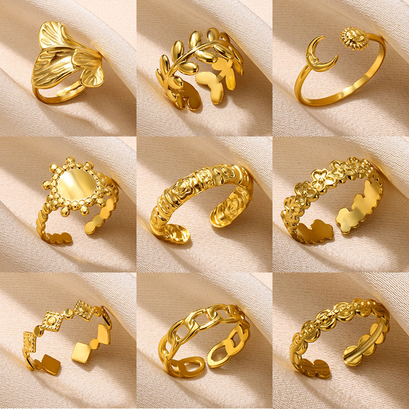 European and American New Simple Geometric Ring Chain Ring Stainless Steel Hydraulic Women's Sun Moon Leaf Ring