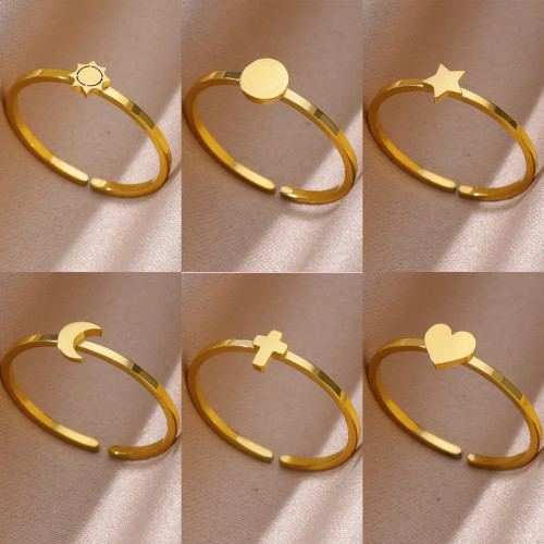 Cross-border Simple New Gold-plated Stainless Steel Ring Cross Heart-shaped Geometric Plain Band Ring for Men and Women Couples