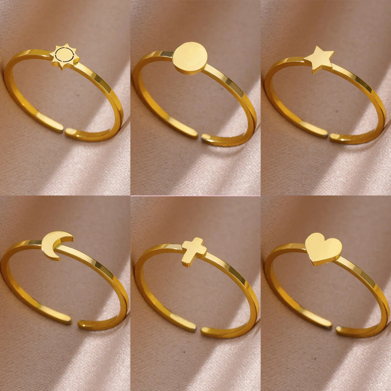 Cross-border Simple New Gold-plated Stainless Steel Ring Cross Heart-shaped Geometric Plain Band Ring for Men and Women Couples