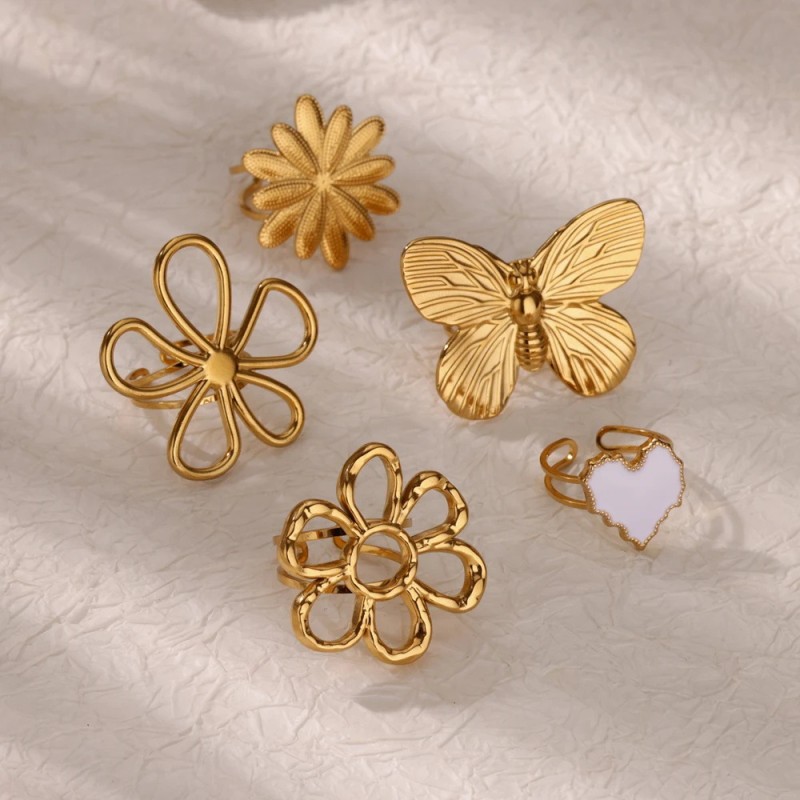 European and American New Style Stainless Steel Exquisite Hollow Flower Series Butterfly Ring Personality Elegant Hand Jewelry Heart-shaped Ring
