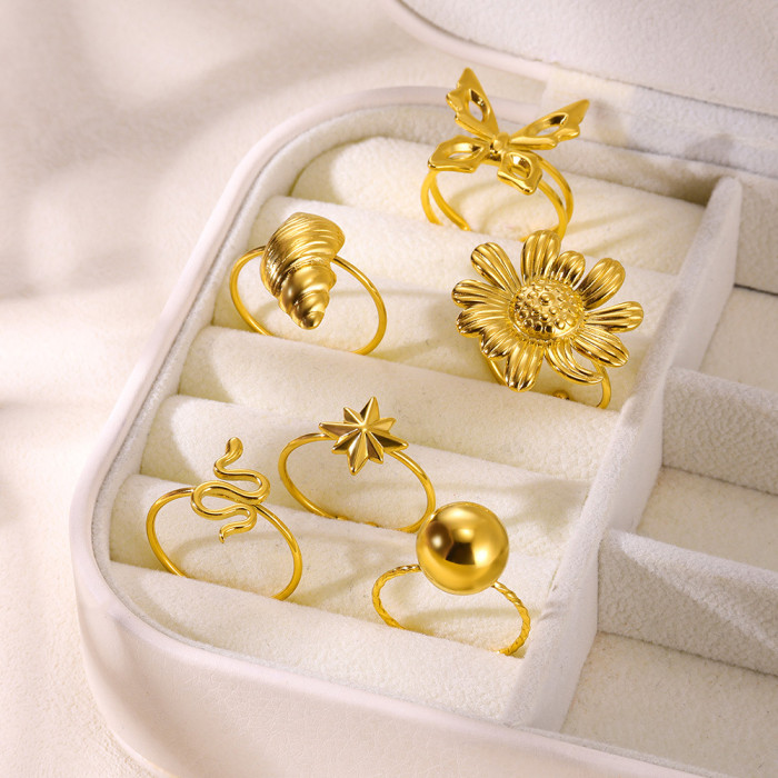 Amazon New Stainless Steel Gold-Plated Sunflower Ring for Women Butterfly Snake-Shaped Open Ring Wholesale