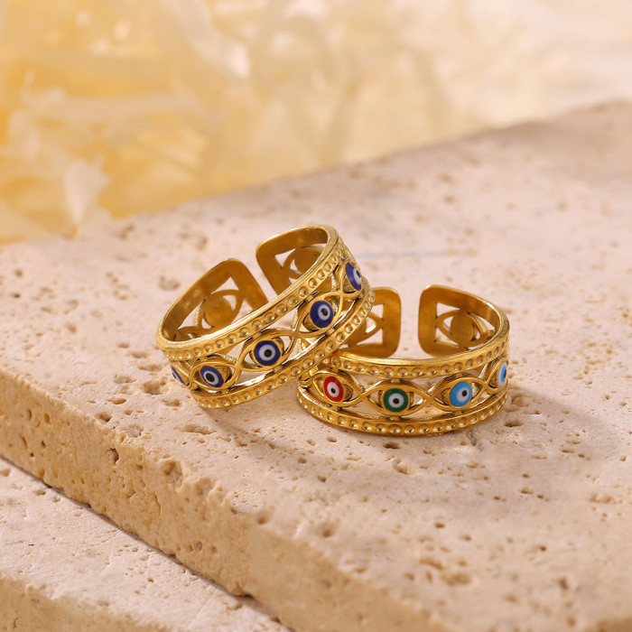 Colorful Oil Drop Devil's Eye Ring Stainless Steel 18K Gold Plated Vintage Eye Tail Ring Open Adjustable Ring