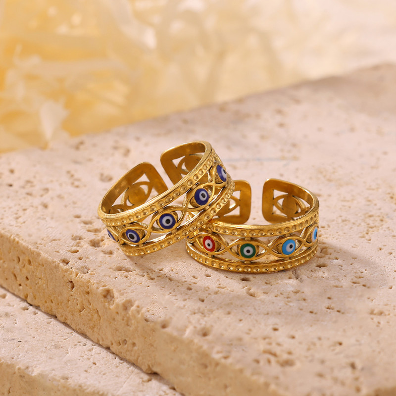 Cross-Border Colorful Oil Drop Devil's Eye Ring Stainless Steel 18K Gold Plated Vintage Eye Tail Ring Open Adjustable Ring
