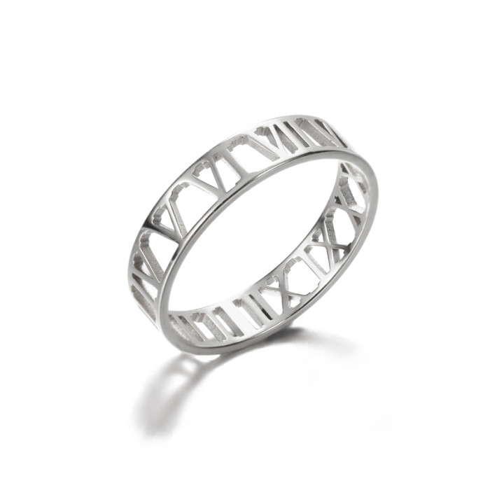 Korean Style Simple 18K Stainless Steel Hollow Ring Heart-Shaped Geometric Ring Unisex Roman Numeral Ring