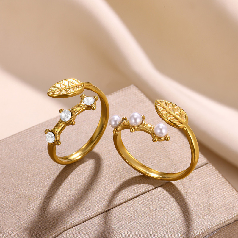 European and American INS Style Trendy Simple Leaf Stainless Steel Open Ring Personality Imitation Pearl Zircon Titanium Steel Ring for Women