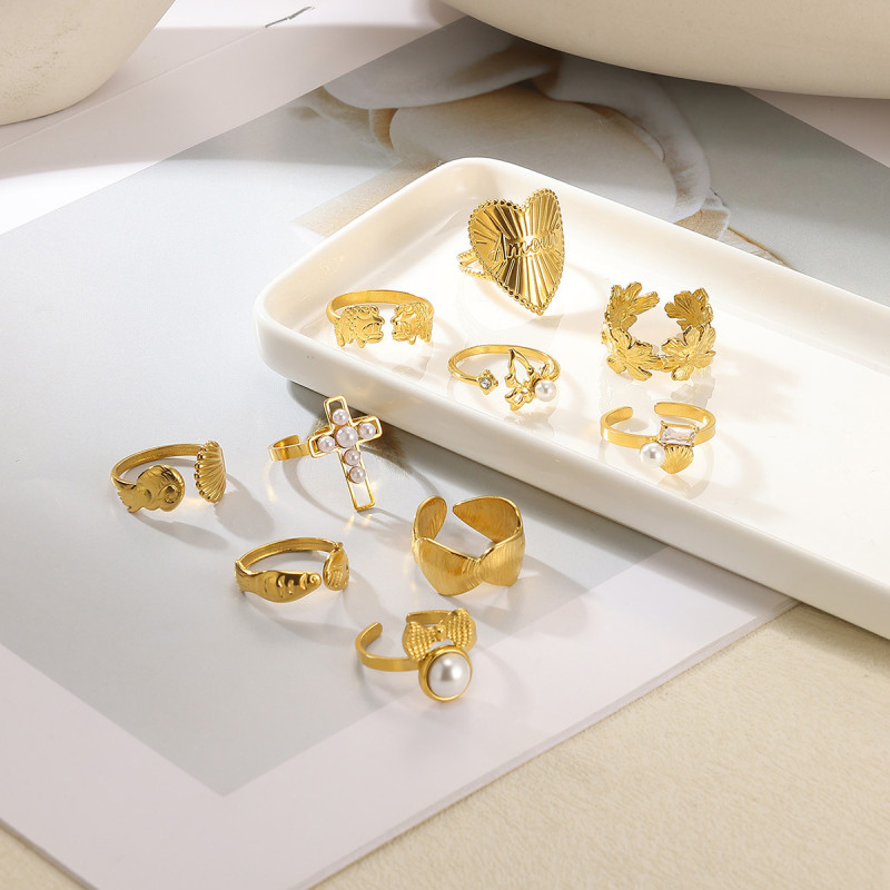 European and American New Style Stainless Steel Imitation Pearl Series Rings for Women, Niche Cross Rings, Titanium Steel Light Luxury Hand Jewelry Wholesale