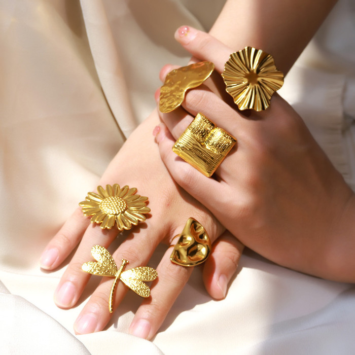 Amazon Series Stainless Steel Ring Lava Wrinkle Hammer Design Ring Sunflower Heart-Shaped Ring