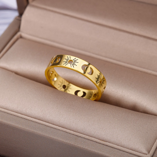 Cross-Border Simple 18K Gold Plated Stainless Steel Hollow Sun Moon Ring for Men and Women Couple Rings Manufacturer Dropshipping