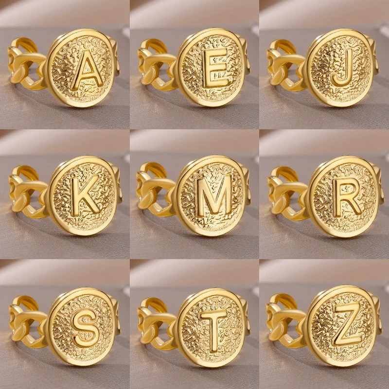 Cross-Border Hot Selling 26 English Letters Open Ring Stainless Steel Adjustable Personality Index Finger Ring Foreign Trade Jewelry