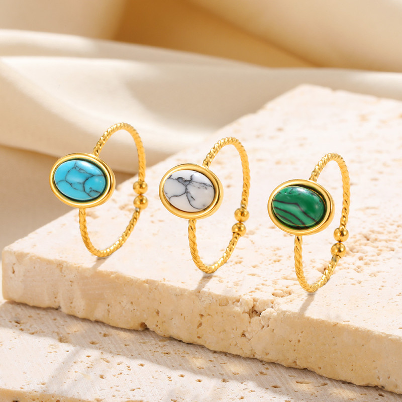 Minimalist Design Turquoise Inlaid Stainless Steel Ring Vintage Personality Open Index Finger Ring for Women One Piece Dropshipping