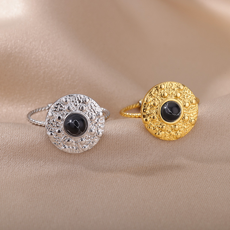 European and American Retro New Stainless Steel Ring Black Turquoise Adjustable Small Sun Light Luxury Ring for Women Wholesale from Manufacturer