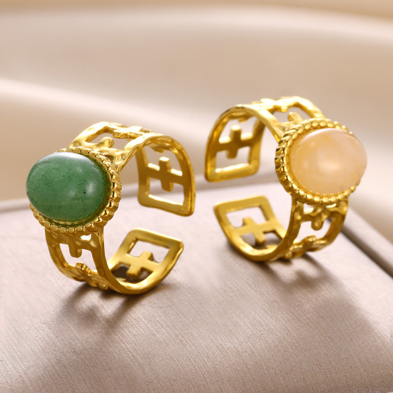 European and American Irregular Natural Stone Ring Stainless Steel Non-Fading 18K Gold Plated High-End Feel Women's Open Ring Wholesale