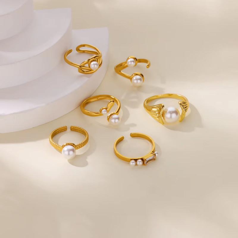 Ins Style New Stainless Steel Imitation Pearl Series Ring for Women, Niche Heart-shaped Ring, Titanium Steel Light Luxury Hand Jewelry Wholesale