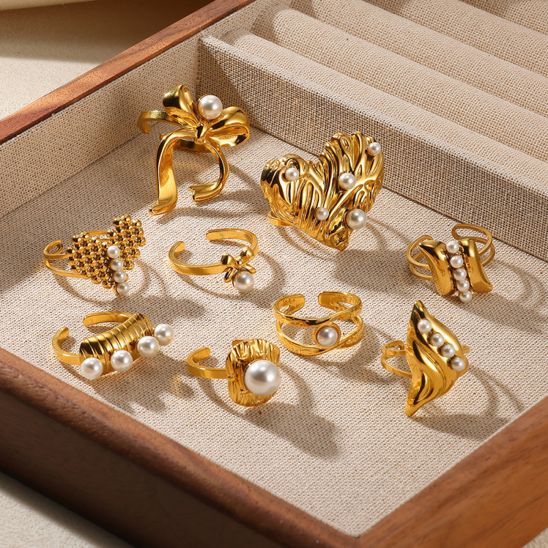 European and American Style Stainless Steel Pearl Ring High-End Ins Ring Cross-Border Titanium Steel Jewelry Open Ring