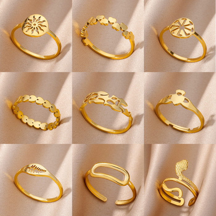 Korean Style Simple Ring Sun Hollow Ring 18K Gold Plated Stainless Steel Geometric Ring Unisex Snake Ring Wholesale